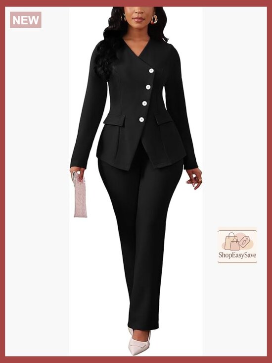 Pants - Dressy 2 Piece Pantsuit Set Long Sleeve Blazer High Waisted Wide Leg Pants Work
